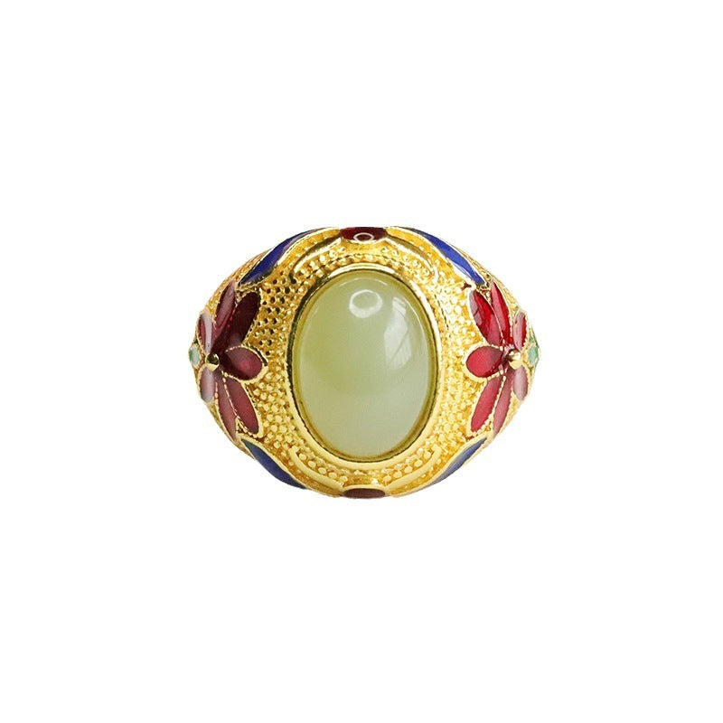 Serenemyst Vintage Enamel Inlaid Hetian Jade Flowers Fortune Ring