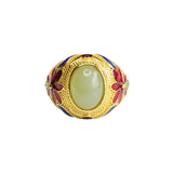 Serenemyst Vintage Enamel Inlaid Hetian Jade Flowers Fortune Ring