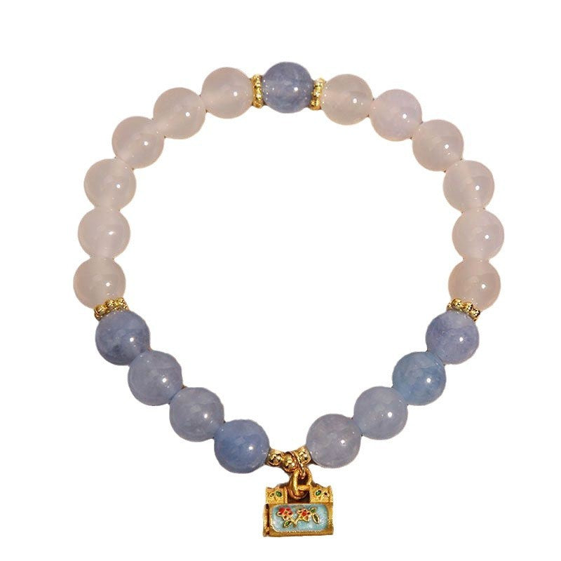 Serenemyst White Agate Aquamarine Beads Enamel Peace Lock Protection Bracelet