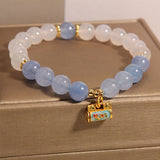 Serenemyst White Agate Aquamarine Beads Enamel Peace Lock Protection Bracelet