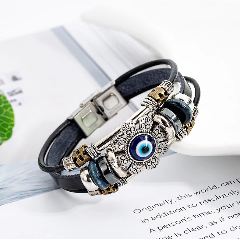 Serenemyst Stainless Steel Turkish Blue Eye Eight-Petal Flower Cow Leather Cord Clasp Bracelet