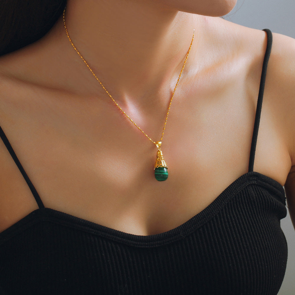 Serenemyst Natural Malachite Titanium Steel Gold-Plated Protection Wisdom Necklace