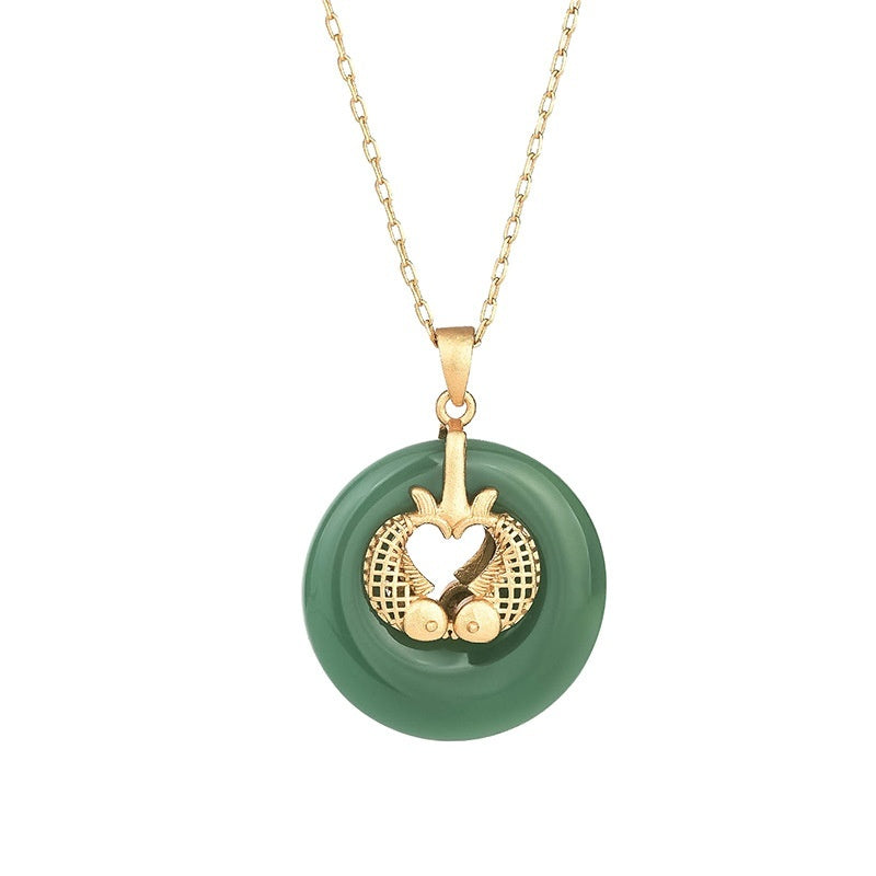 Serenemyst Natural Hetian Jade and Gold Double Koi Fish Fortune Pendant Necklace