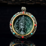 Serenemyst Tibetan Silver Natural Jade Half Buddha Half Devil Protection Pendant