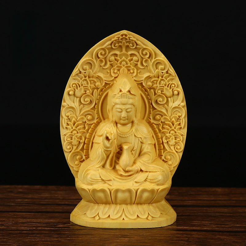 Serenemyst Handmade Big Leaf Boxwood Buddha Statue Protection Decoration