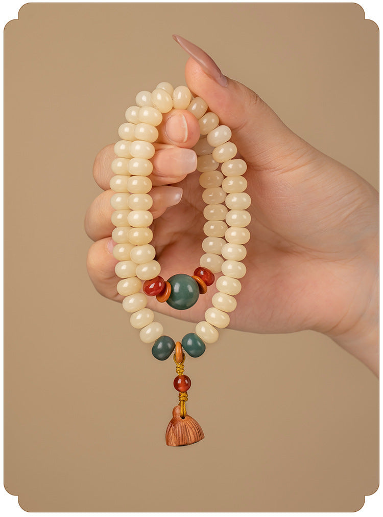Serenemyst Handmade Bodhi Root Jade Beads  Lotus-Pod Pendant Harmony Mala Bracelet