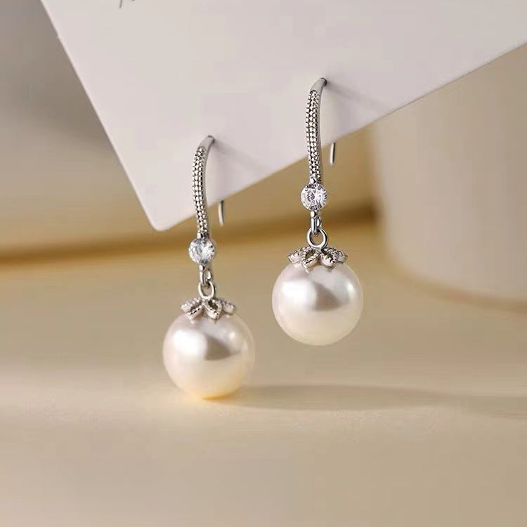 Serenemyst Natural Round Pearl Sterling Silver Inlaid Zircon Healing Earrings