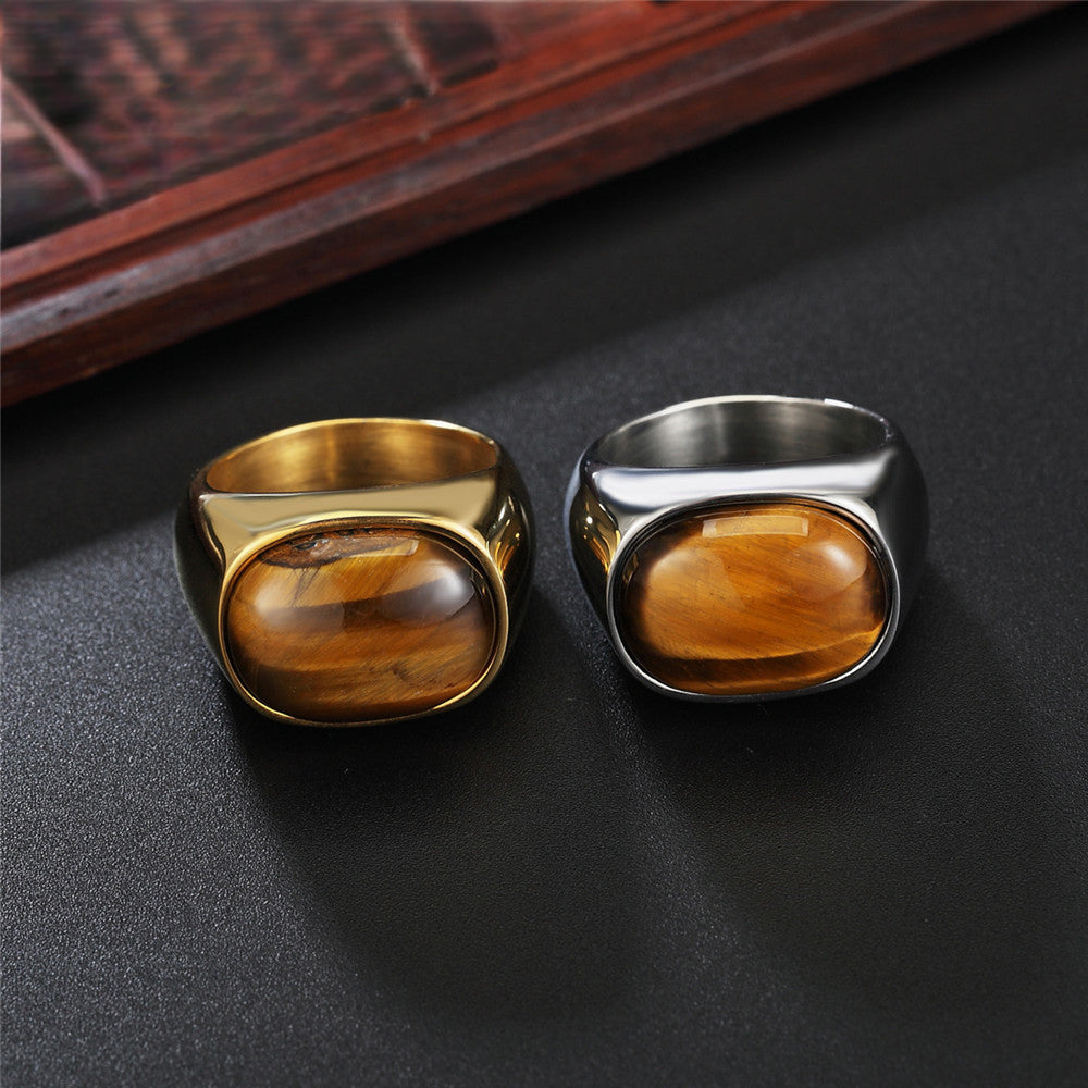 Serenemyst Simple Retro Tiger Eye Men's Titanium Steel Protection Ring