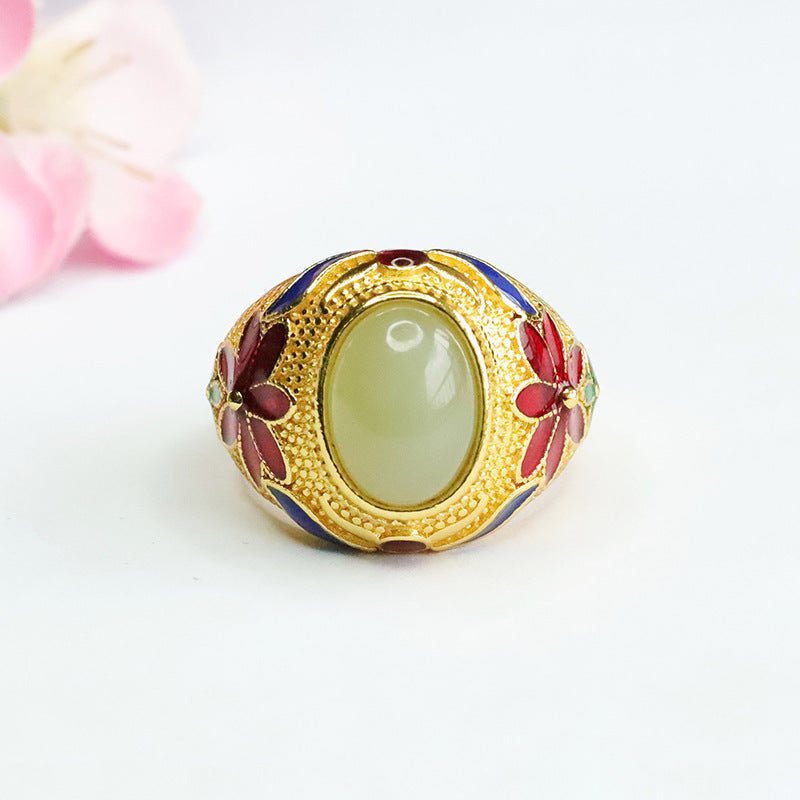 Serenemyst Vintage Enamel Inlaid Hetian Jade Flowers Fortune Ring