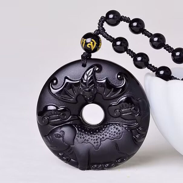 Serenemyst Natural Obsidian Carved Chinese Zodiac Peace Buckle Protection Pendant