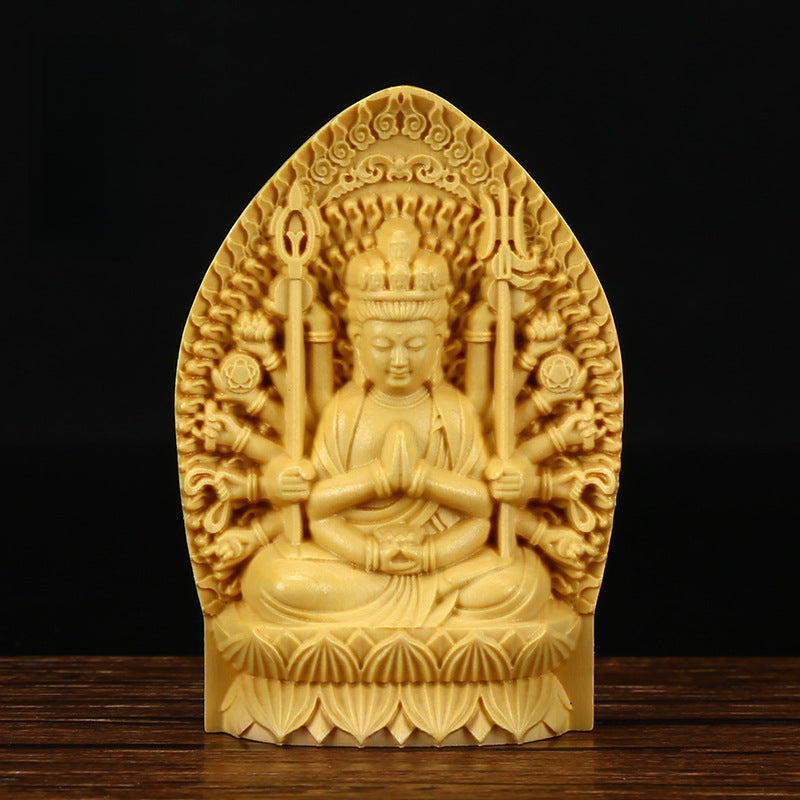 Serenemyst Handmade Big Leaf Boxwood Buddha Statue Protection Decoration