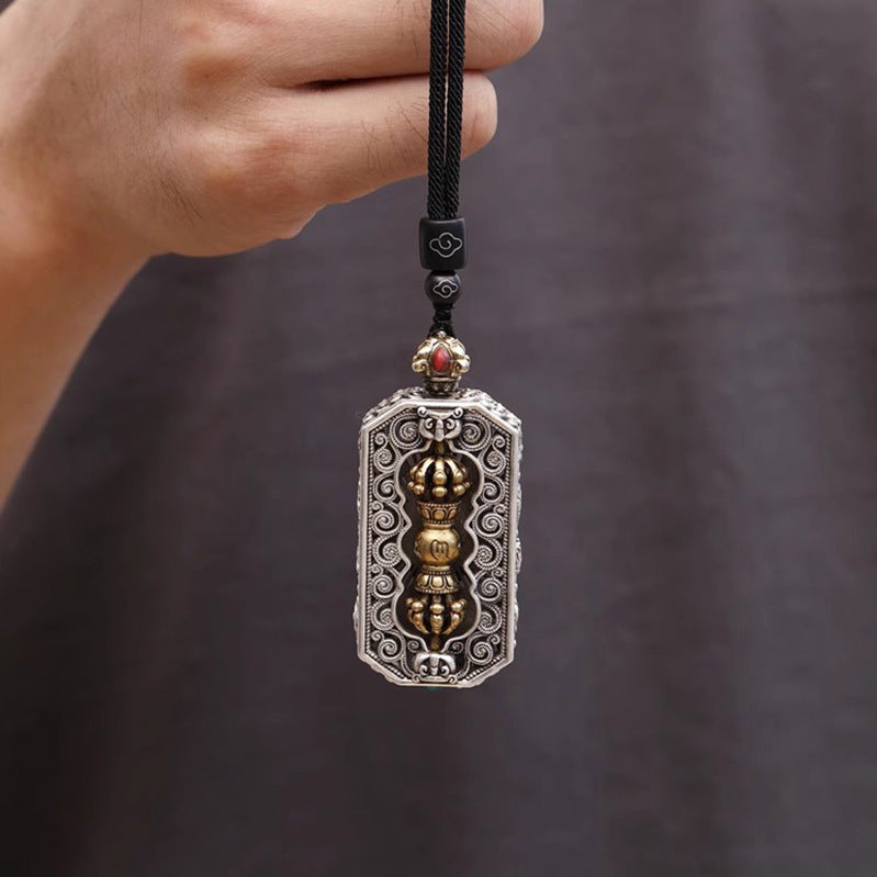 Serenemyst Silver-Plated Copper Eight Treasures Pattern Square Pendant with Vajra for Protection