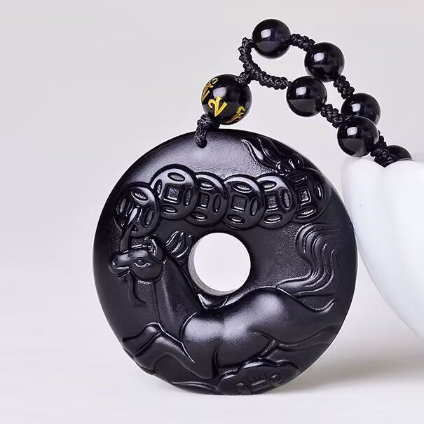 Serenemyst Natural Obsidian Carved Chinese Zodiac Peace Buckle Protection Pendant