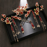 Serenemyst Chinese Style Wedding Bride Golden Floral Fringed Phoenix Crown Set Hairpin Earrings Set