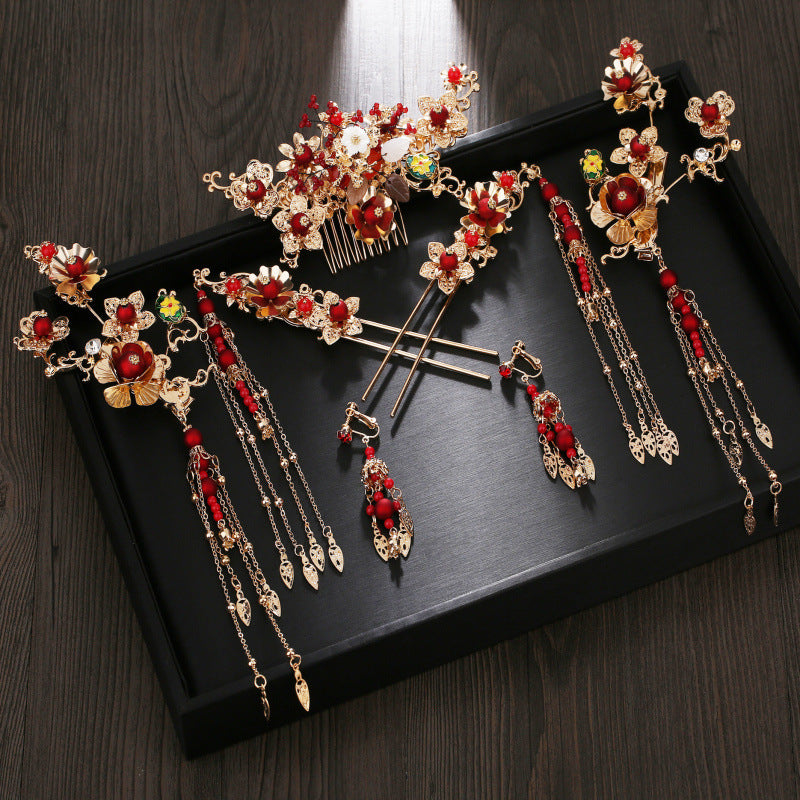 Serenemyst Chinese Style Wedding Bride Golden Floral Fringed Phoenix Crown Set Hairpin Earrings Set