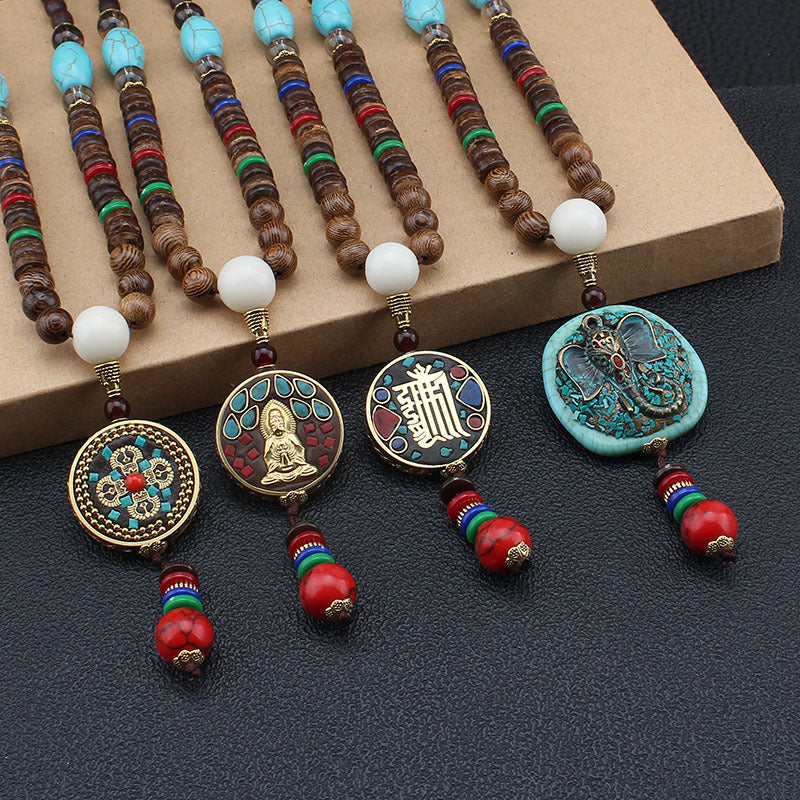 Serenemyst Vintage Nepalese Style Pendant Turquoise Wooden Mala Beads Peace Necklace