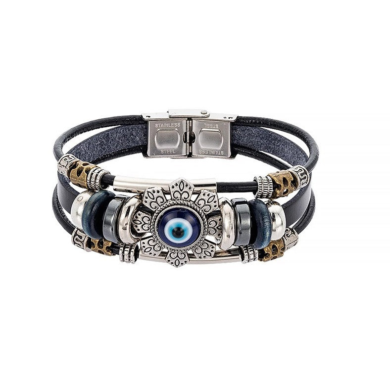 Serenemyst Stainless Steel Turkish Blue Eye Eight-Petal Flower Cow Leather Cord Clasp Bracelet