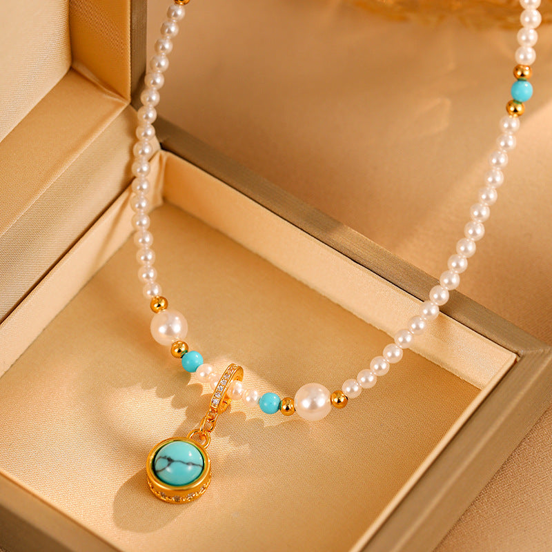 Serenemyst Turquoise Copper Gold-Plated White Pearl Healing Calm Necklace