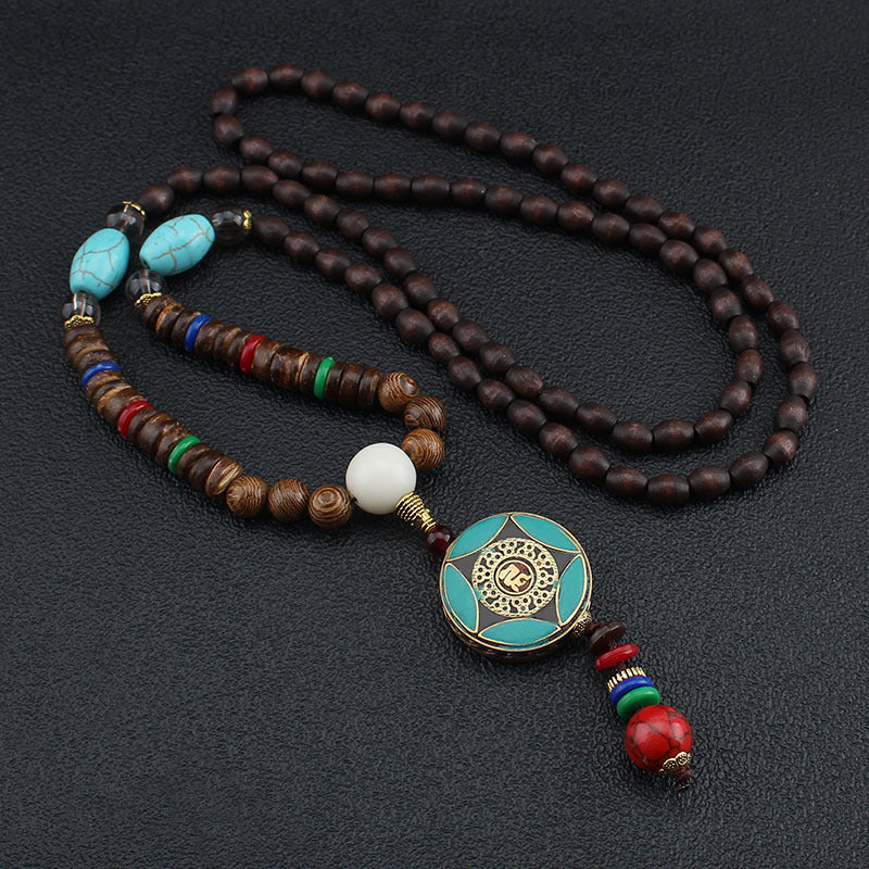 Serenemyst Vintage Nepalese Style Pendant Turquoise Wooden Mala Beads Peace Necklace
