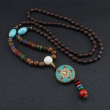 Serenemyst Vintage Nepalese Style Pendant Turquoise Wooden Mala Beads Peace Necklace