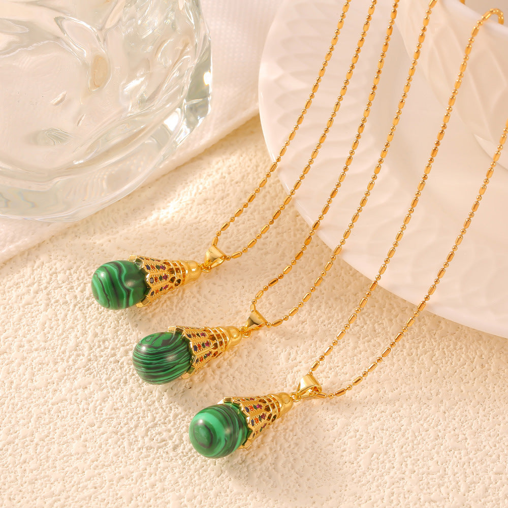 Serenemyst Natural Malachite Titanium Steel Gold-Plated Protection Wisdom Necklace