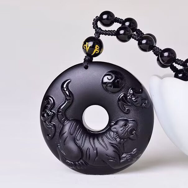 Serenemyst Natural Obsidian Carved Chinese Zodiac Peace Buckle Protection Pendant