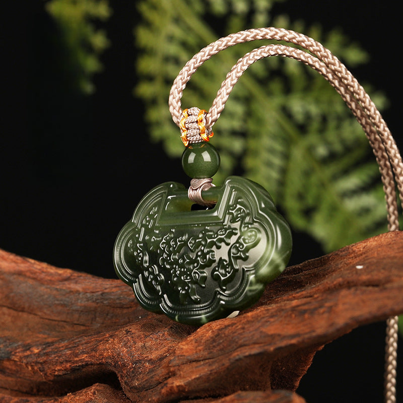 Serenemyst Natural Hetian Jade Ruyi Lock Pendant  Protection Peace Necklace