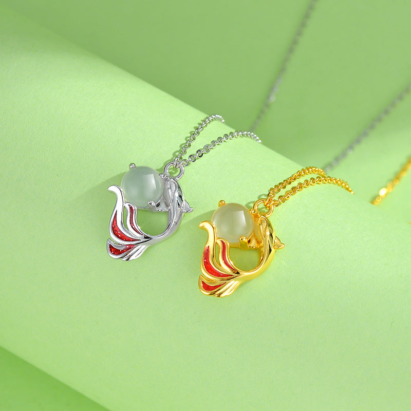 Serenemyst Sterling Silver Koi Fish Chalcedony Pendant Fortune Necklace