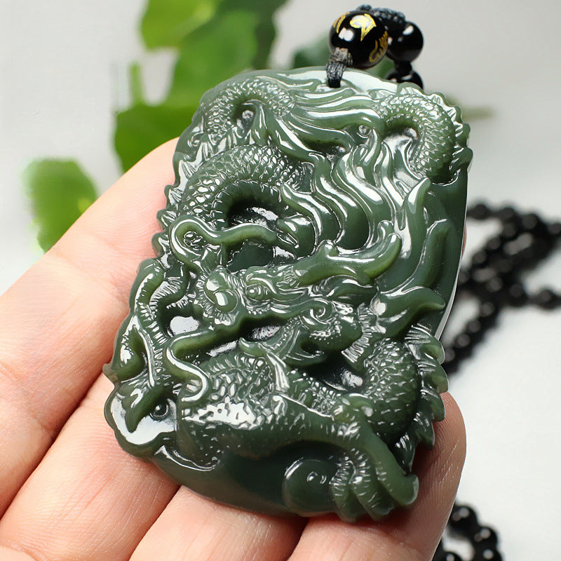 Serenemyst Natural Hetian Jade Dragon Pendant Wealth Prosperity Necklace