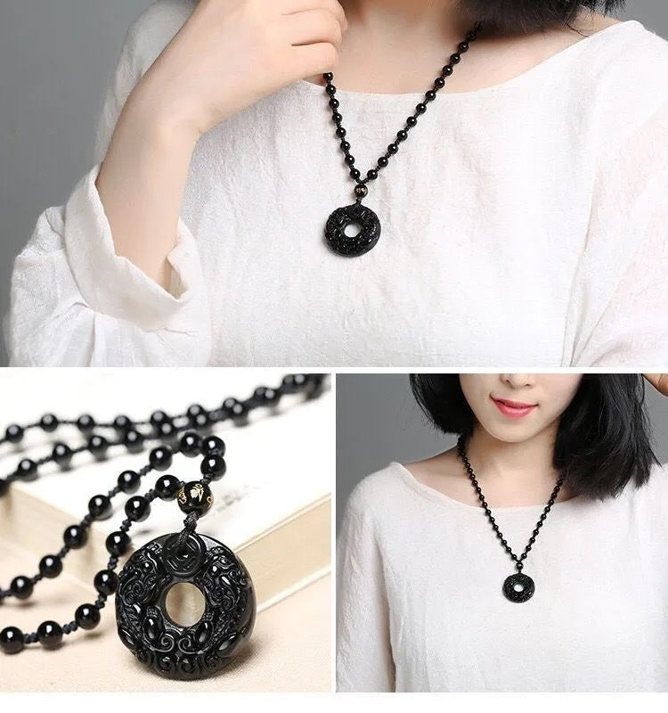 Serenemyst Obsidian Pixiu Round Button Pendant Necklace