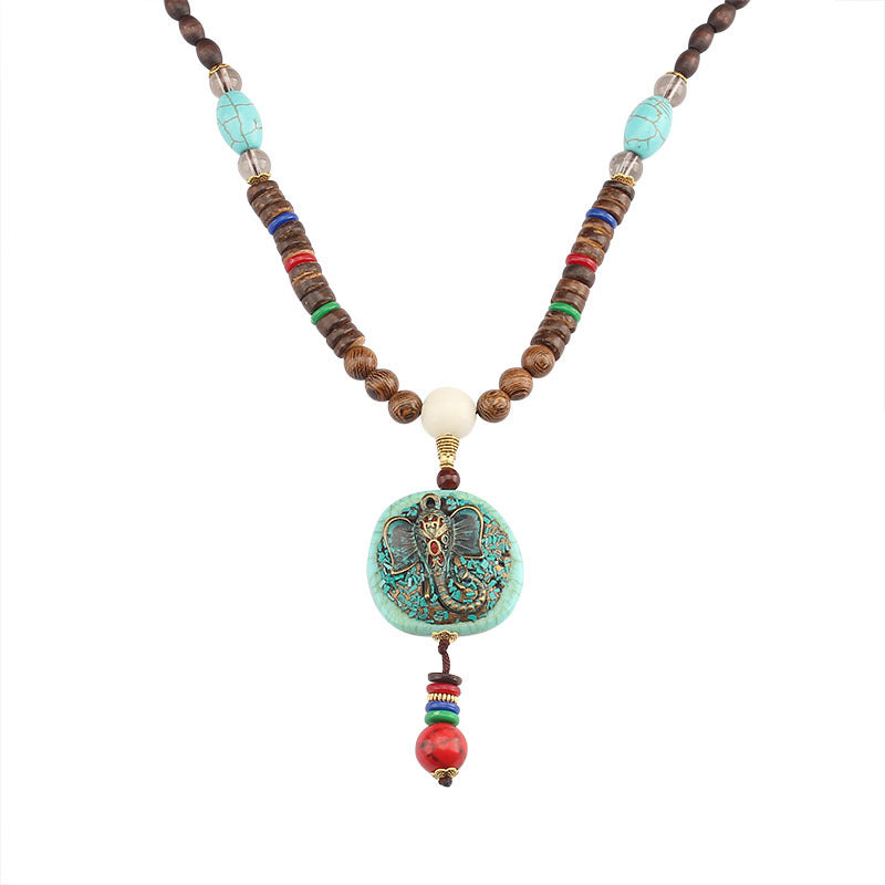 Serenemyst Vintage Nepalese Style Pendant Turquoise Wooden Mala Beads Peace Necklace