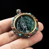 Serenemyst Tibetan Silver Natural Jade Half Buddha Half Devil Protection Pendant
