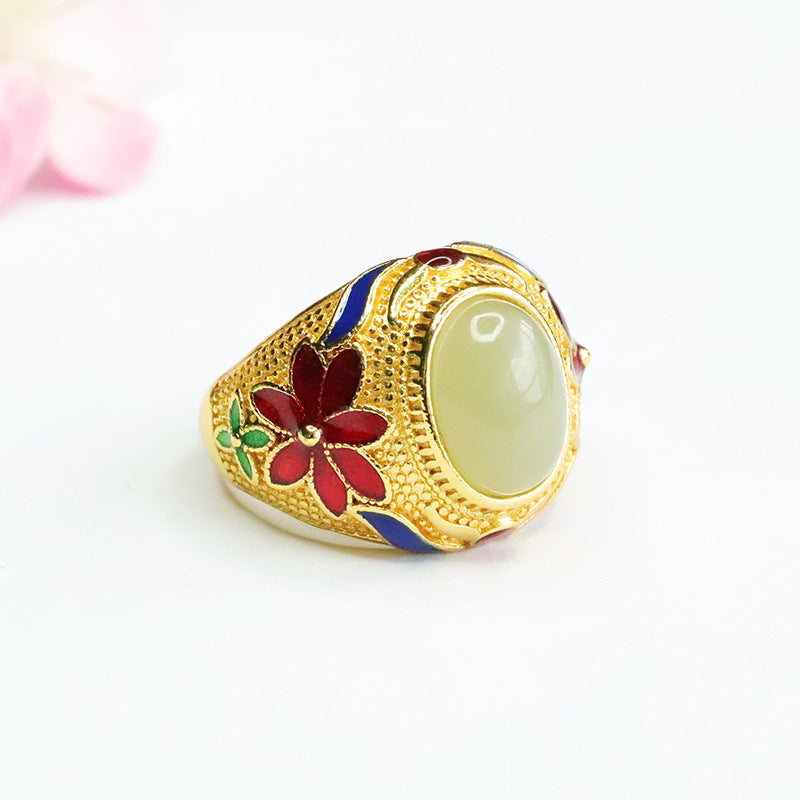 Serenemyst Vintage Enamel Inlaid Hetian Jade Flowers Fortune Ring