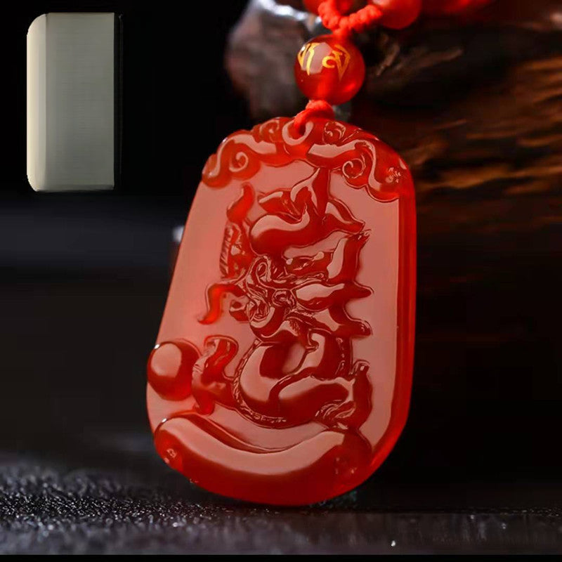 Serenemyst Natural Red Agate Carved Chinese Zodiac Protection Pendant