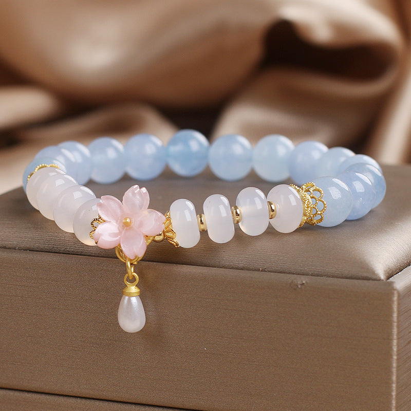 Serenemyst Aquamarine White Agate Pearl Flower Healing Charm Bracelet