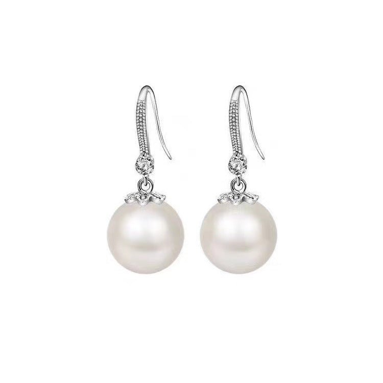 Serenemyst Natural Round Pearl Sterling Silver Inlaid Zircon Healing Earrings
