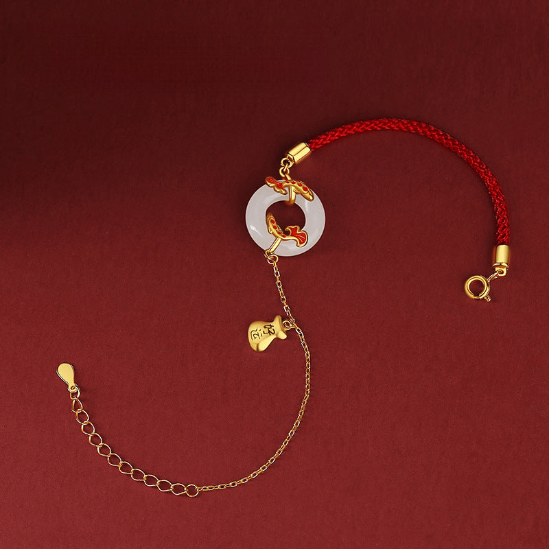 Serenemyst Red String Sterling Silver Koi Fish Jade Buckle Lucky Bracelet