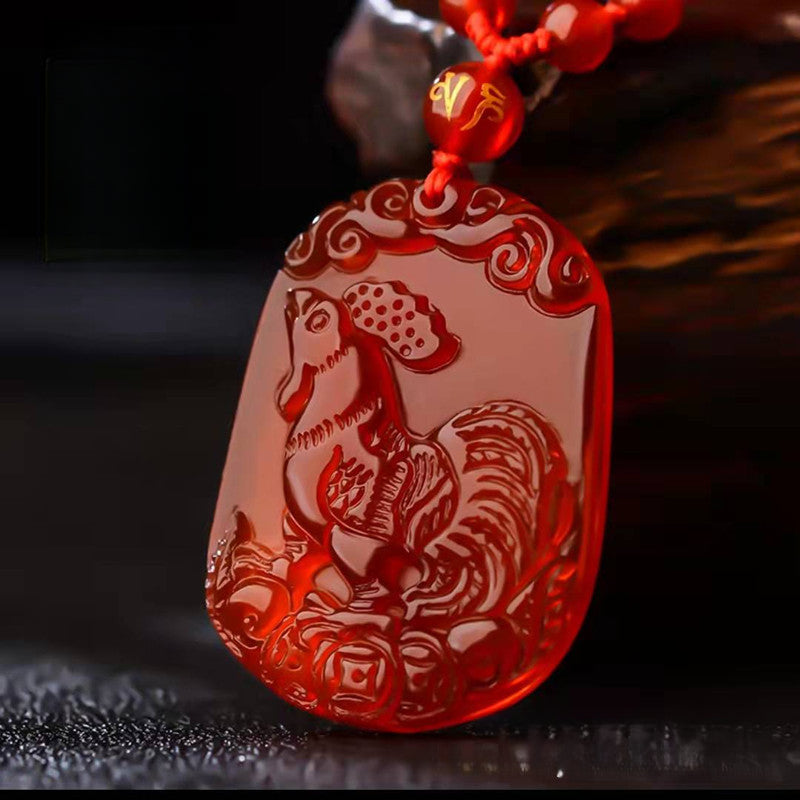 Serenemyst Natural Red Agate Carved Chinese Zodiac Protection Pendant