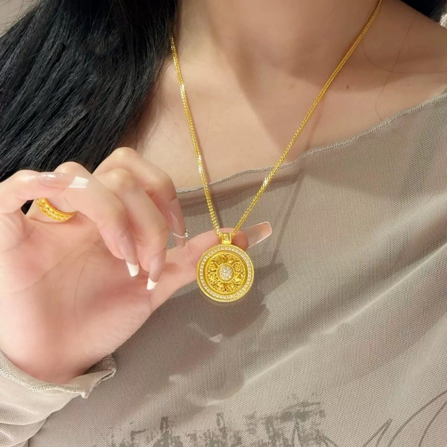 Serenemyst Full Diamond Eight Treasures Compass Pendant Protection Necklace