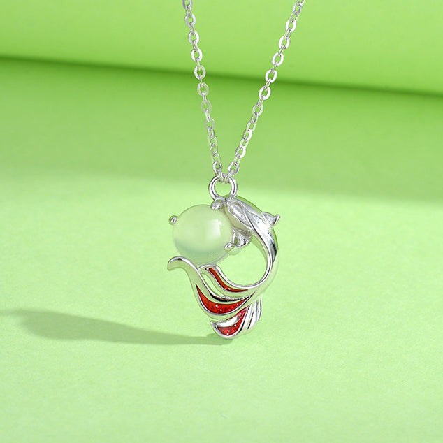 Serenemyst Sterling Silver Koi Fish Chalcedony Pendant Fortune Necklace