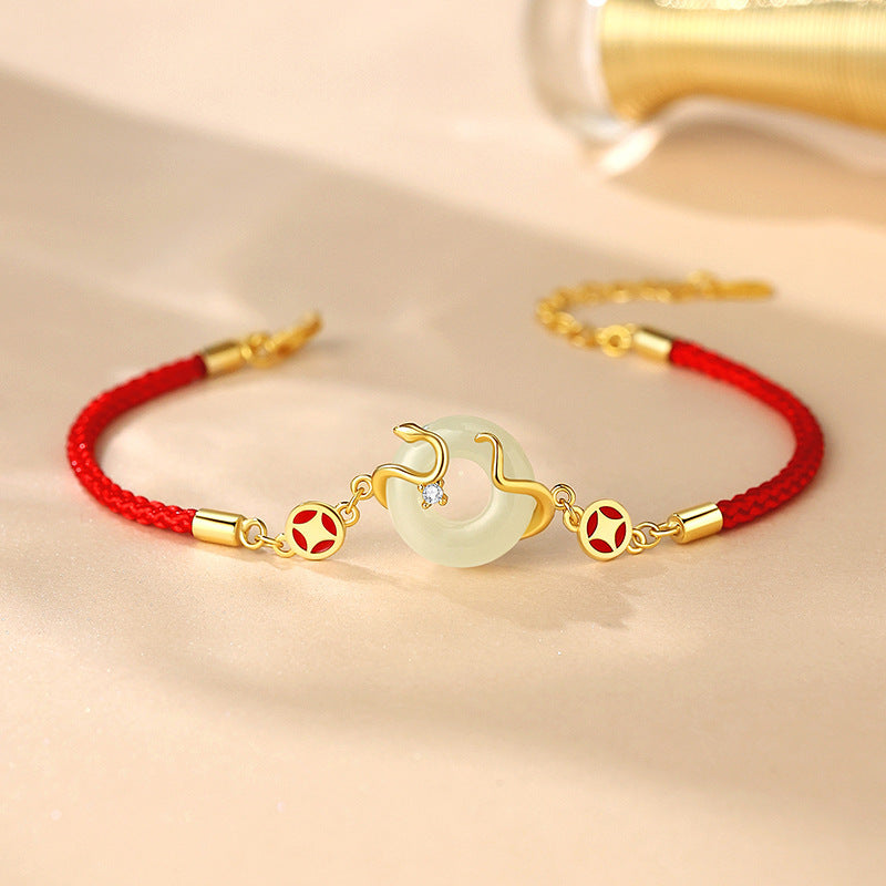 Serenemyst Red String Golden Snake Jade Peace Buckle Fortune Bracelet