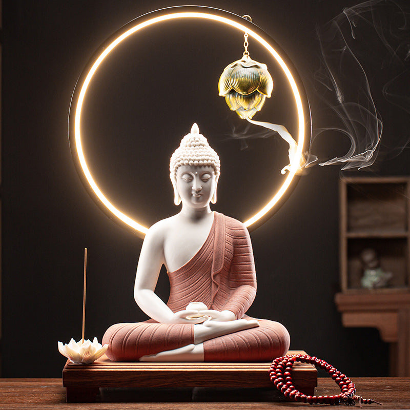 Serenemyst Colorful Ceramic Sakyamuni Buddha Statue Protection Lamp Decoration