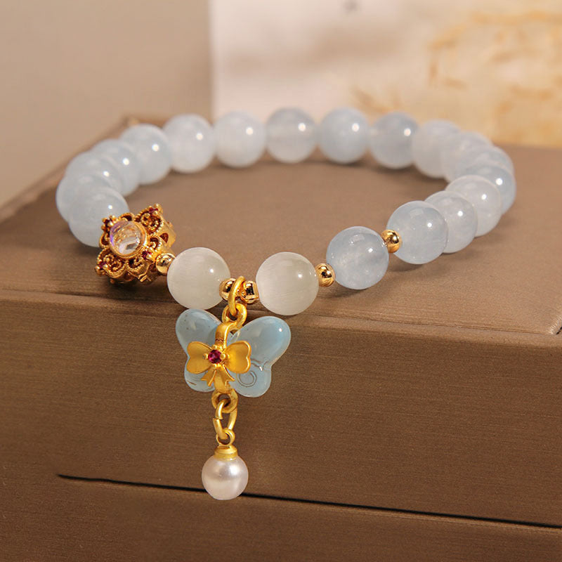 Serenemyst Natural Aquamarine Butterfly Pearl Pendant Healing Charm Bracelet