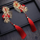 Serenemyst Chinese Style Wedding Bride Gold Plated Butterfly Style Red Tassel Hairpin Earrings Set