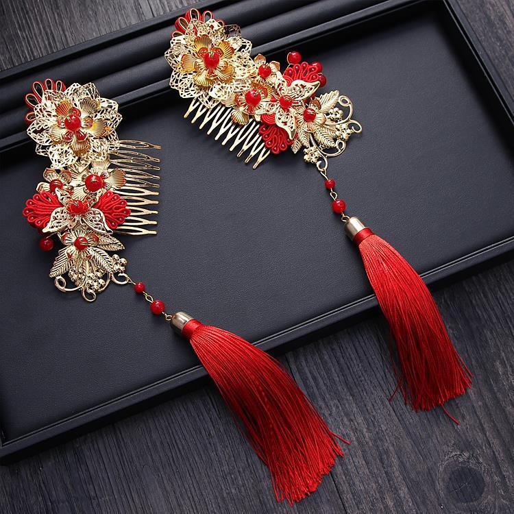 Serenemyst Chinese Style Wedding Bride Gold Plated Butterfly Style Red Tassel Hairpin Earrings Set