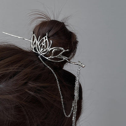 Serenemyst Handmade Alloy Silver-Plated Lotus Floral Long Tassel Healing Hairpin