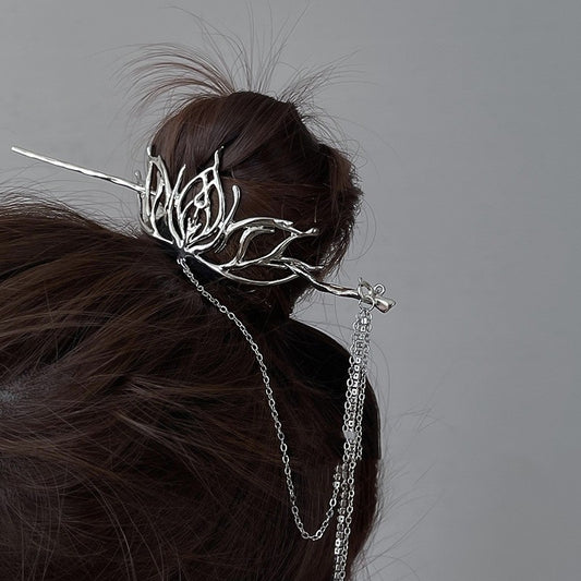 Serenemyst Handmade Alloy Silver-Plated Lotus Floral Long Tassel Healing Hairpin