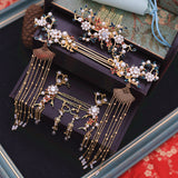 Serenemyst Chinese Style Wedding Bride Golden Fringed Phoenix Crown Set Pearl Hairpin Earrings Set