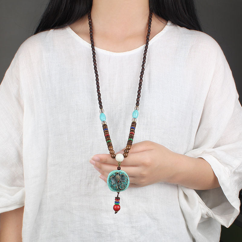 Serenemyst Vintage Nepalese Style Pendant Turquoise Wooden Mala Beads Peace Necklace