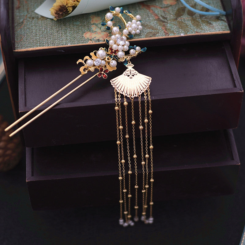 Serenemyst Chinese Style Wedding Bride Golden Fringed Phoenix Crown Set Pearl Hairpin Earrings Set